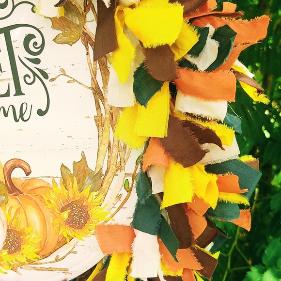 Hand Crafted Fabric Rag Wreath Fall Pumpkins Tin Sign Home Sweet Home Decor 18" - Picture 7 of 8
